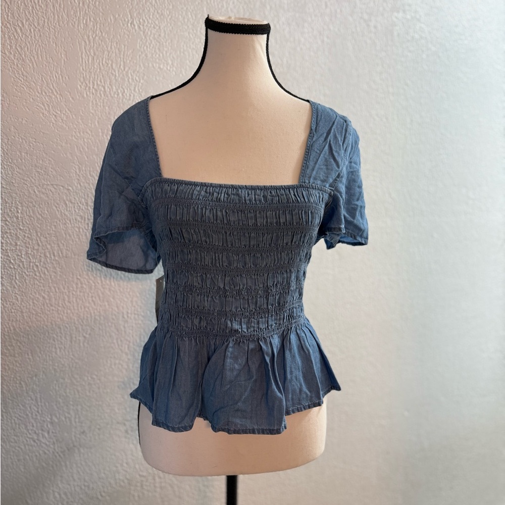 Elegant Blue Smocked Blouse
